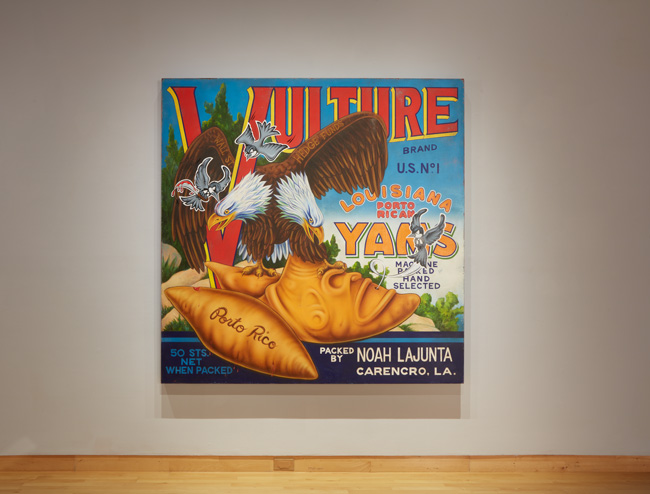 Miguel Luciano, Vulture Brand Yams, 2017. Courtesy of the artist. Installation view of Constant Storm exhibition at USF Contemporary Art Museum. Photo: Will Lytch.